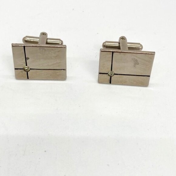 Vintage Polished Silver Tone Cufflinks Rectangle Clear Crystal Rhinestone - Picture 2 of 6